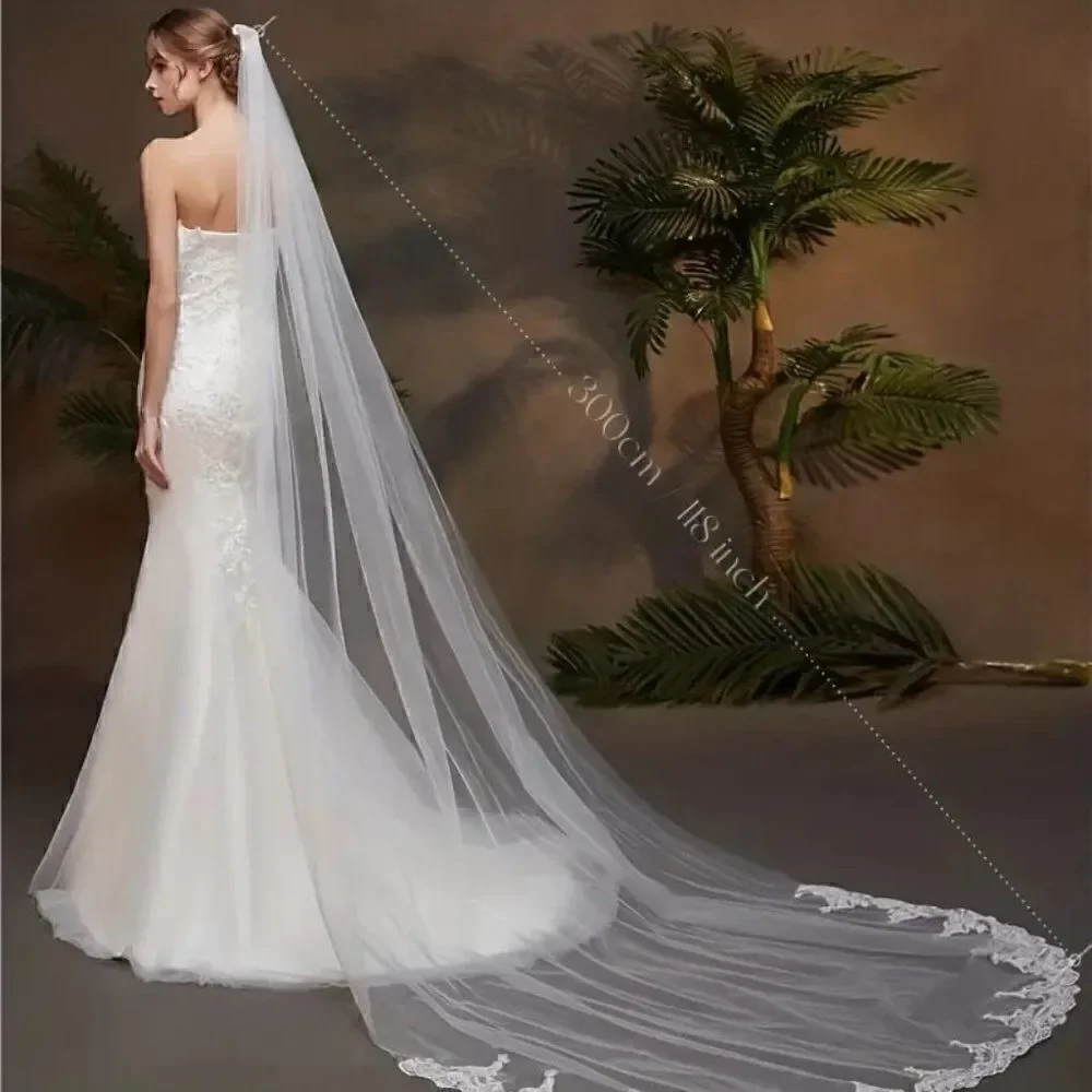 Cathedral Bridal Wedding Veil With Embroidered Floral Lace Edge and Comb
